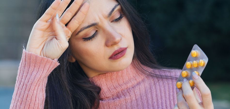 woman with Benzodiazepine pill on hand